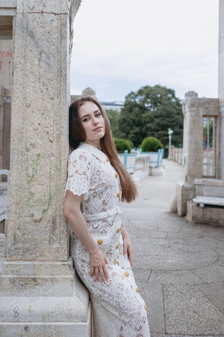 Ivory Midi Cream White Lace Dress Summer Gold Button Guipure French Vintage Oldmoney Style Chic Selfportrait Style Similar brand Sale alternative, modern bridal dress, rehersal dress, civil wedding dress elegant minimal - Cielie Vienna