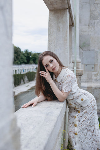Ivory Midi Cream White Lace Dress Summer Gold Button Guipure French Vintage Oldmoney Style Chic Selfportrait Style Similar brand Sale alternative, modern bridal dress, rehersal dress, civil wedding dress elegant minimal - Cielie Vienna