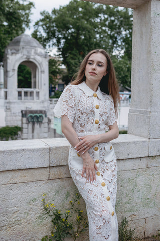 Ivory Midi Cream White Lace Dress Summer Gold Button Guipure French Vintage Oldmoney Style Chic Selfportrait Style Similar brand Sale alternative, modern bridal dress - Cielie Vienna