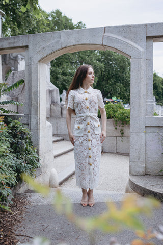 Ivory Midi Cream White Lace Dress Summer Gold Button Guipure French Vintage Oldmoney Style Chic Selfportrait Style Similar brand Sale alternative, modern bridal dress, rehersal dress, civil wedding dress- Cielie Vienna