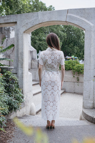 Ivory Midi Cream White Lace Dress Summer Gold Button Guipure French Vintage Oldmoney Style Chic Selfportrait Style Similar brand Sale alternative, modern bridal dress, rehersal dress, civil wedding dress elegant minimal - Cielie Vienna