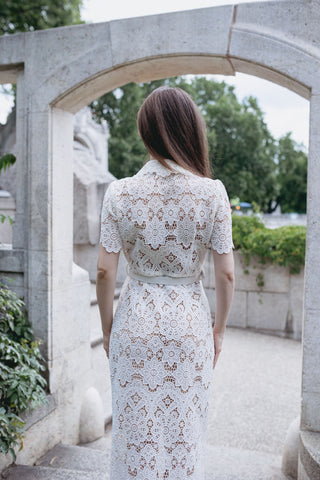 Ivory Midi Cream White Lace Dress Summer Gold Button Guipure French Vintage Oldmoney Style Chic Selfportrait Style Similar brand Sale alternative, modern bridal dress, rehersal dress, civil wedding dress elegant minimal - Cielie Vienna