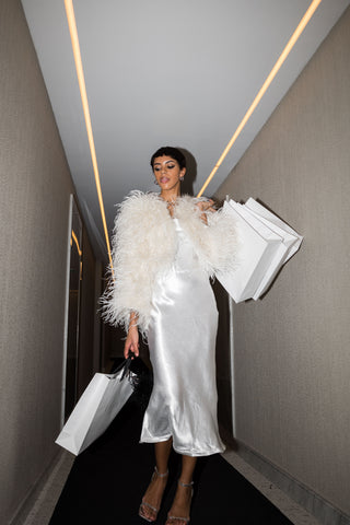 White ostrich feather bridal jacket for wedding dress – luxury ivory feather coat