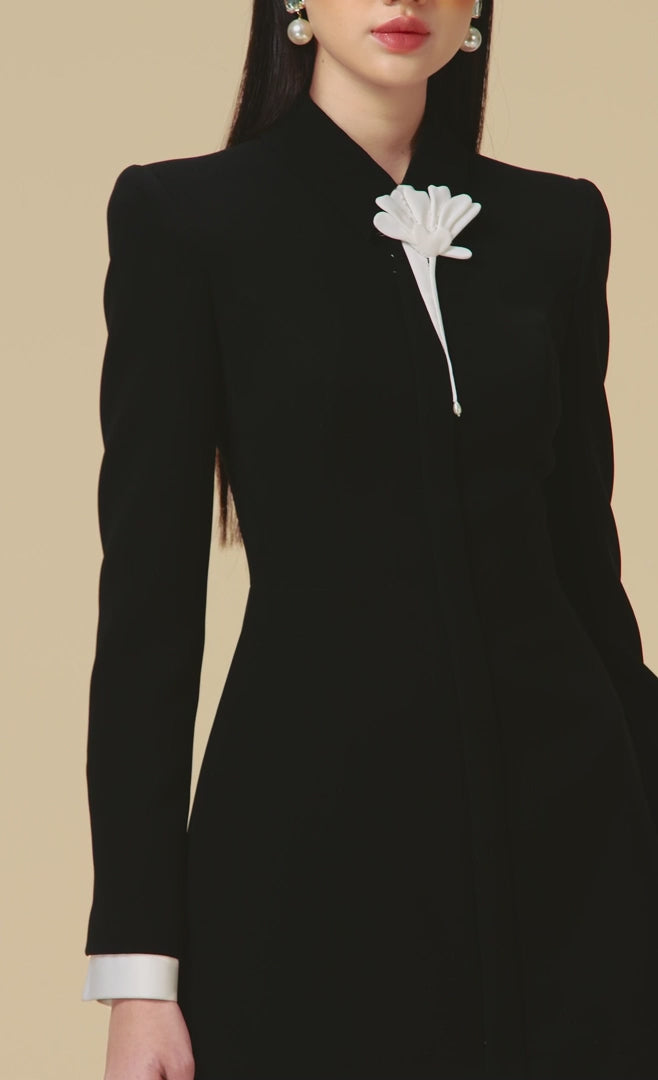 SHANON | Mini Long- Sleeve Black Dress white mini  - Cielie