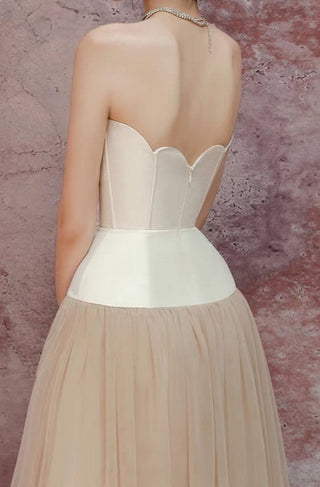 Seashell corset strapless dress with champagne tulle midi skirt – Maréa front view Midi Dress