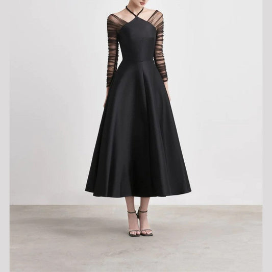 SIBELLE | Halter Neck Dress, sheer mesh sleeve long, black ball gown - Cielie 