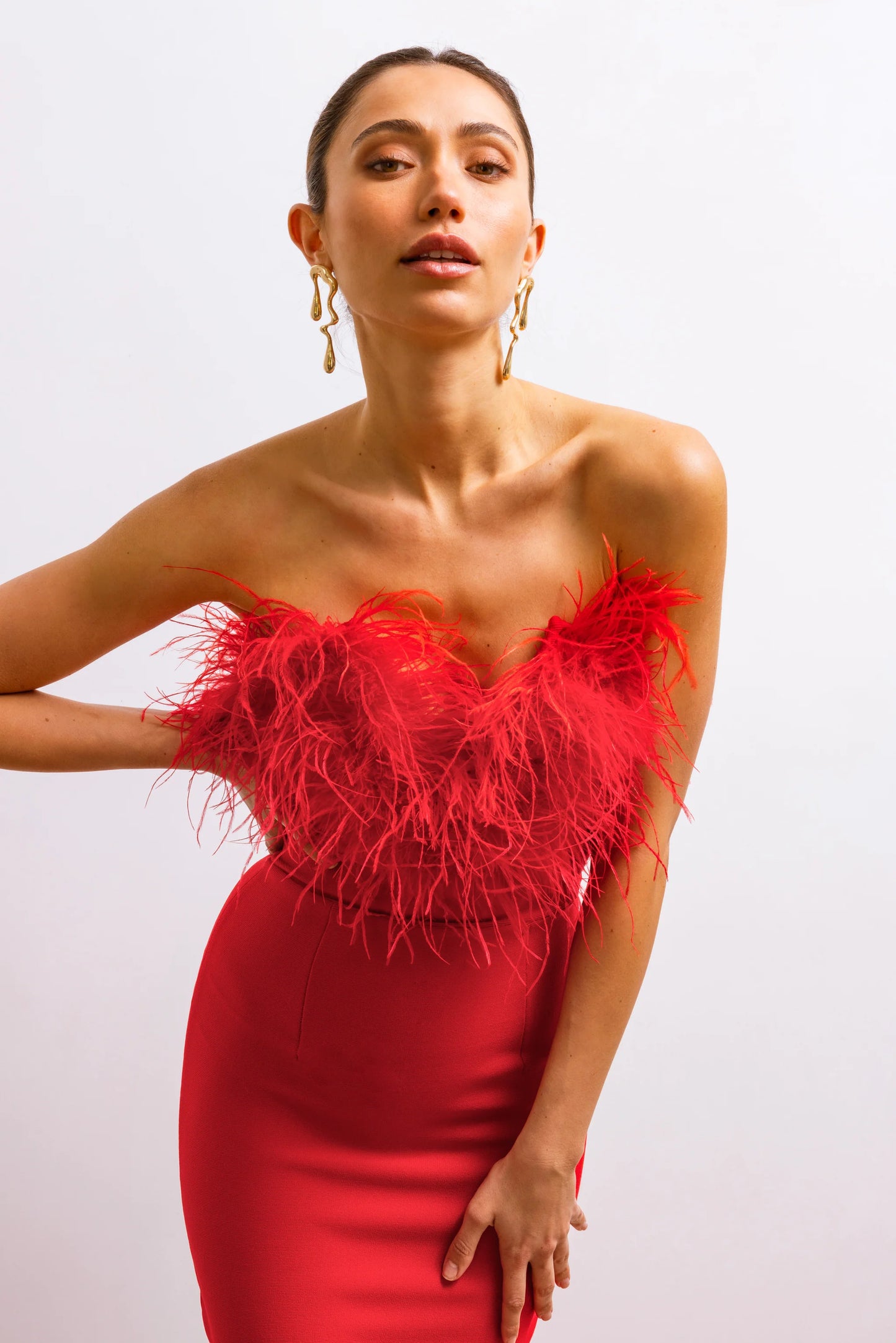 red feather bustier top dress, rot federkleid, kirmizi abiye tüylü - Cielie 