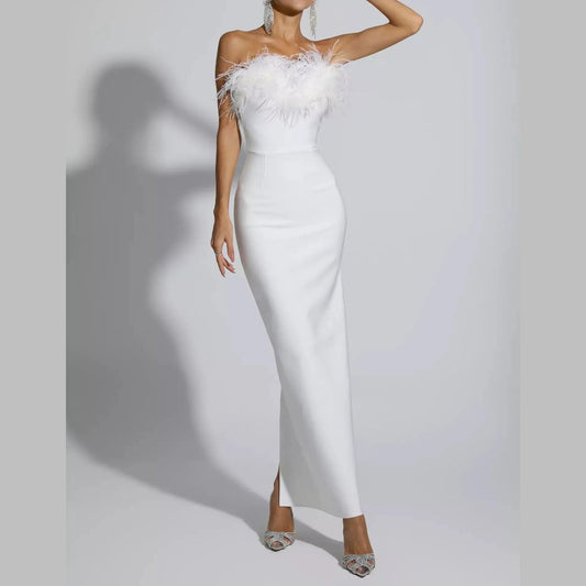 White maxi dress feather top - Cielie Wedding dress white dress feather 