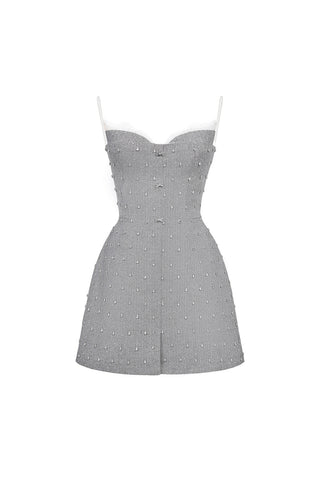 A gray strapless mini dress with a sweetheart neckline, fitted waist, and flared skirt, embellished with small rhinestones, shown on a plain white background.