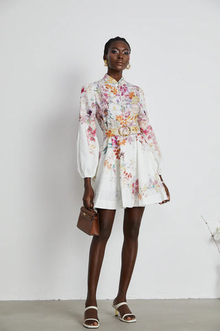 Floral Mini Dress White Pink Longsleeve Linen - Cielie Vienna Fashion Brand Shopping