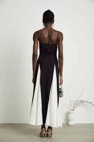 Yvette black and white pleated maxi dress with adjustable straps and scoop back. Vienna Brand Shopping Fashion 