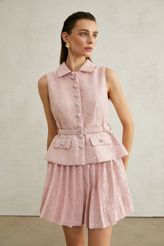 Pink Boucle Tailored Mini Dress - Tweed Embellished Elegant mini Dress Pleated Skirt Match Two Piece Set Self Portrait  - Cielie Vienna