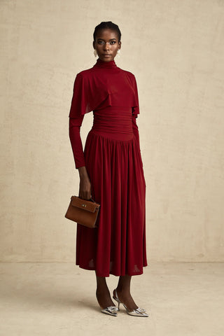 Turtleneck Dress Winered Burgundy Longsleeve Maxi Dress Business Outfit Elegant Dark Red - Cielie Vienna 