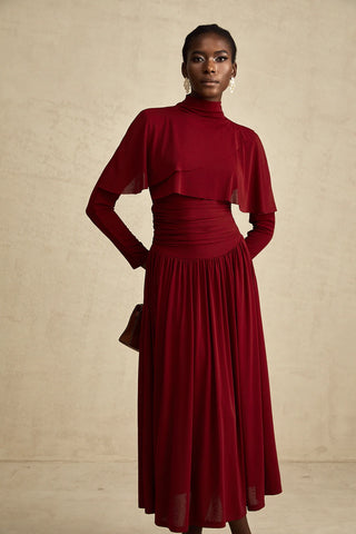 Turtleneck Dress Winered Burgundy Longsleeve Maxi Dress Business Outfit Elegant Dark Red - Cielie Vienna 