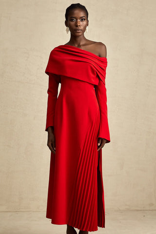 Maxi Red Dress Longsleeve Pleated Skirt Off Shoulder Winter Christmas Valentines Dress High Slit. Cielie Vienna