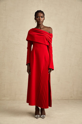 Maxi Red Dress Longsleeve Pleated Skirt Off Shoulder Winter Christmas Valentines Dress High Slit. Cielie Vienna