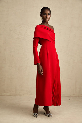 Maxi Red Dress Longsleeve Pleated Skirt Off Shoulder Winter Christmas Valentines Dress High Slit. Cielie Vienna