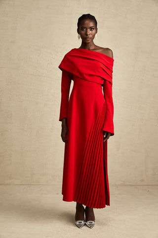 Maxi Red Dress Longsleeve Pleated Skirt Off Shoulder Winter Christmas Valentines Dress High Slit. Cielie Vienna