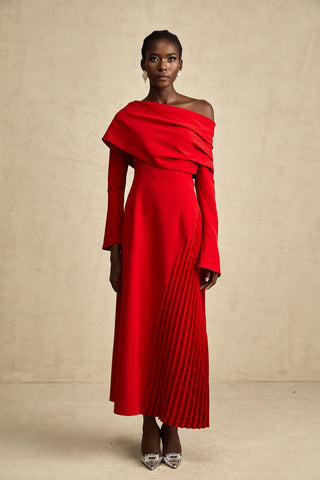 Maxi Red Dress Longsleeve Pleated Skirt Off Shoulder Winter Christmas Valentines Dress High Slit. Cielie Vienna