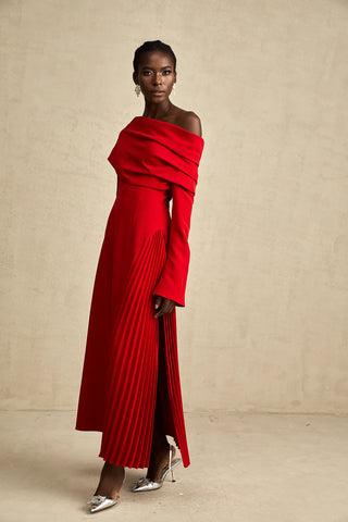 Maxi Red Dress Longsleeve Pleated Skirt Off Shoulder Winter Christmas Valentines Dress High Slit. Cielie Vienna