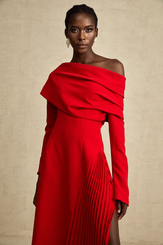 Maxi Red Dress Longsleeve Pleated Skirt Off Shoulder Winter Christmas Valentines Dress High Slit. Cielie Vienna