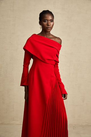 Maxi Red Dress Longsleeve Pleated Skirt Off Shoulder Winter Christmas Valentines Dress High Slit. Cielie Vienna