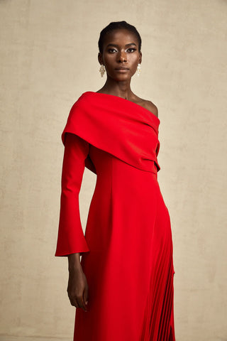 Maxi Red Dress Longsleeve Pleated Skirt Off Shoulder Winter Christmas Valentines Dress High Slit. Cielie Vienna