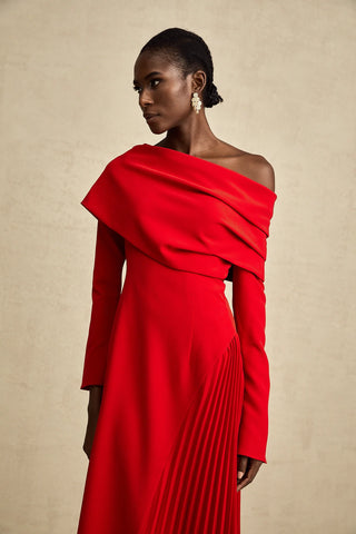 Maxi Red Dress Longsleeve Pleated Skirt Off Shoulder Winter Christmas Valentines Dress High Slit. Cielie Vienna