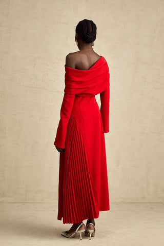 Maxi Red Dress Longsleeve Pleated Skirt Off Shoulder Winter Christmas Valentines Dress High Slit. Cielie Vienna