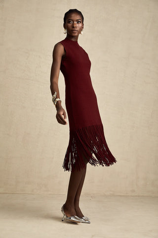 A stylish model wearing the Alione Red Fringe-Detail Knitted Midi Dress, featuring a sleeveless design, crew neck, and a fringed hemline. The winered dress has a flattering mid-calf length and a sleek rear zip fastening, paired with elegant silver heels and statement jewelry, set against a neutral background. Perfect for Christmas parties, winter events, and festive celebrations.