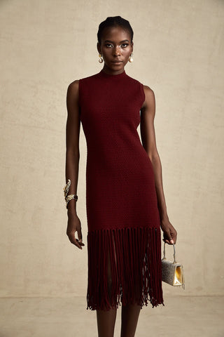 A stylish model wearing the Alione Red Fringe-Detail Knitted Midi Dress, featuring a sleeveless design, crew neck, and a fringed hemline. The winered dress has a flattering mid-calf length and a sleek rear zip fastening, paired with elegant silver heels and statement jewelry, set against a neutral background. Perfect for Christmas parties, winter events, and festive celebrations.