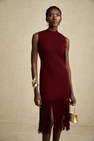 A stylish model wearing the Alione Red Fringe-Detail Knitted Midi Dress, featuring a sleeveless design, crew neck, and a fringed hemline. The winered dress has a flattering mid-calf length and a sleek rear zip fastening, paired with elegant silver heels and statement jewelry, set against a neutral background. Perfect for Christmas parties, winter events, and festive celebrations.