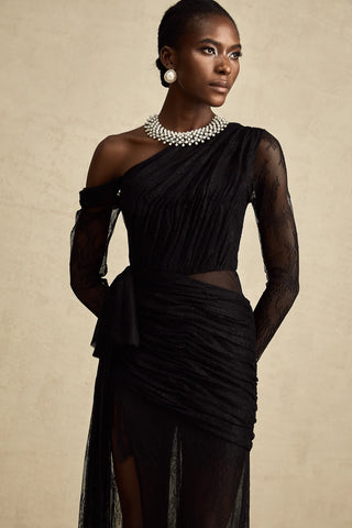 Black Maxi Tulle Off Shoulder Lond Sleeve Dress Lace Romantic High Slit Cielie Vienna 