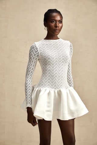 White Longsleeve Mini Dress Lace Knit Flared Skirt - Cielie Vienna Fashion Shopping Brands in Vienna