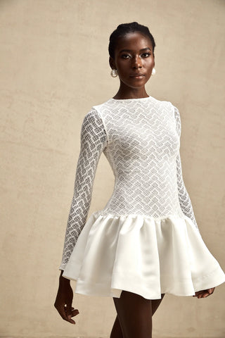 White Longsleeve Mini Dress Lace Knit Flared Skirt - Cielie Vienna Fashion Shopping Brands in Vienna