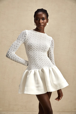 White Longsleeve Mini Dress Lace Knit Flared Skirt - Cielie Vienna Fashion Shopping Brands in Vienna