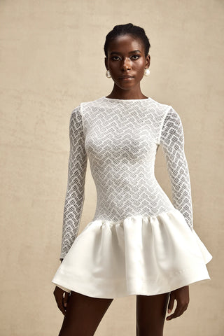 White Londsleeve Mini Dress Lace Knit Flared Skirt - Cielie Vienna Fashion Shopping Brands in Vienna