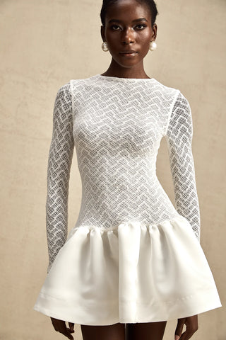 White Longsleeve Mini Dress Lace Knit Flared Skirt - Cielie Vienna Fashion Shopping Brands in Vienna