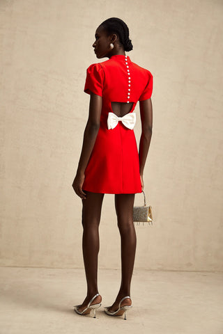 Front view of a red Christmas mini dress with puff sleeves, high neckline, and a chic A-line fit.