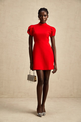 Front view of a red Christmas mini dress with puff sleeves, high neckline, and a chic A-line fit.