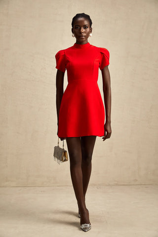 Front view of a red Christmas mini dress with puff sleeves, high neckline, and a chic A-line fit.