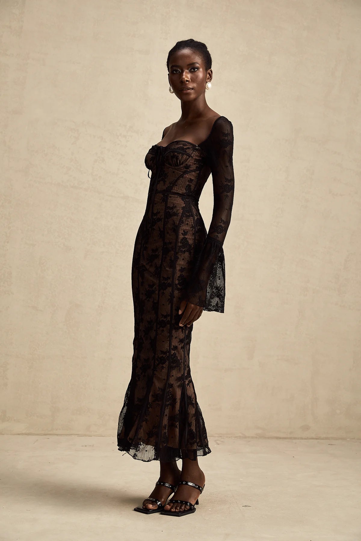 Shane | Boho Flared Lace Maxi Dress Black L Shane | Boho Flared Lace Maxi Dress Black L