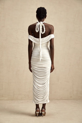 Model wearing the Elonia White Beaded Midi Dress with off-the-shoulder design, ruched pleats, braided rope detailing, and a flattering midi length, styled for summer elegance and special occasions. Cielie Vienna Shopping Fashion Brand Viennese Famous Brands