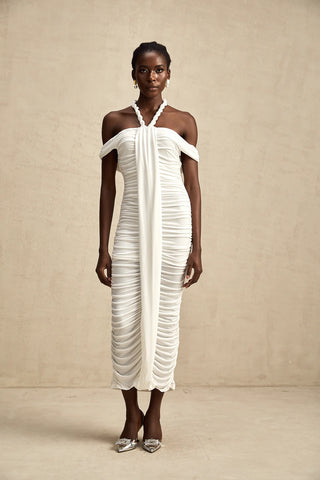 Model wearing the Elonia White Beaded Midi Dress with off-the-shoulder design, ruched pleats, braided rope detailing, and a flattering midi length, styled for summer elegance and special occasions. Cielie Vienna Shopping Fashion Brand Viennese Famous Brands