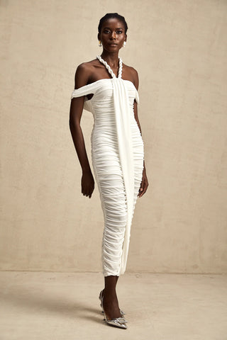 Model wearing the Elonia White Beaded Midi Dress with off-the-shoulder design, ruched pleats, braided rope detailing, and a flattering midi length, styled for summer elegance and special occasions. Cielie Vienna Shopping Fashion Brand Viennese Famous Brands