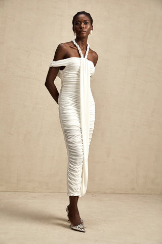 Model wearing the Elonia White Beaded Midi Dress with off-the-shoulder design, ruched pleats, braided rope detailing, and a flattering midi length, styled for summer elegance and special occasions. Cielie Vienna Shopping Fashion Brand Viennese Famous Brands