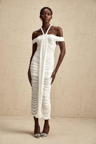 Model wearing the Elonia White Beaded Midi Dress with off-the-shoulder design, ruched pleats, braided rope detailing, and a flattering midi length, styled for summer elegance and special occasions. Cielie Vienna Shopping Fashion Brand Viennese Famous Brands