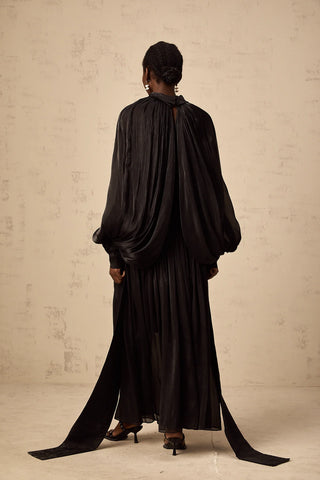 Black Satin Maxi Abaya Dress Longsleeve Latern Arm Trumpet