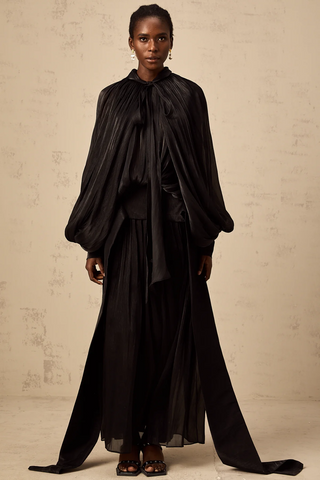 Black Satin Maxi Abaya Dress Longsleeve Latern Arm Trumpet