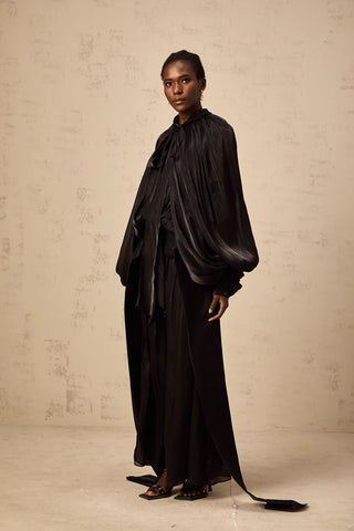 Black Satin Maxi Abaya Dress Longsleeve Latern Arm Trumpet